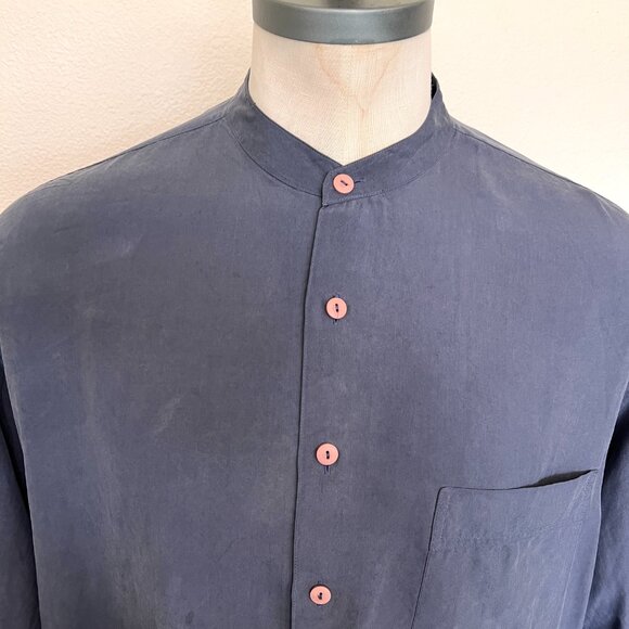 Vintage Nehru Silk Long Sleeve Shirt - Navy - Size XL - I.Magnin - Picture 3 of 8